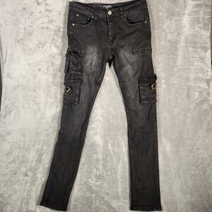 Serenede Mens Black Wash Slim Fit Cargo Jeans 33X33